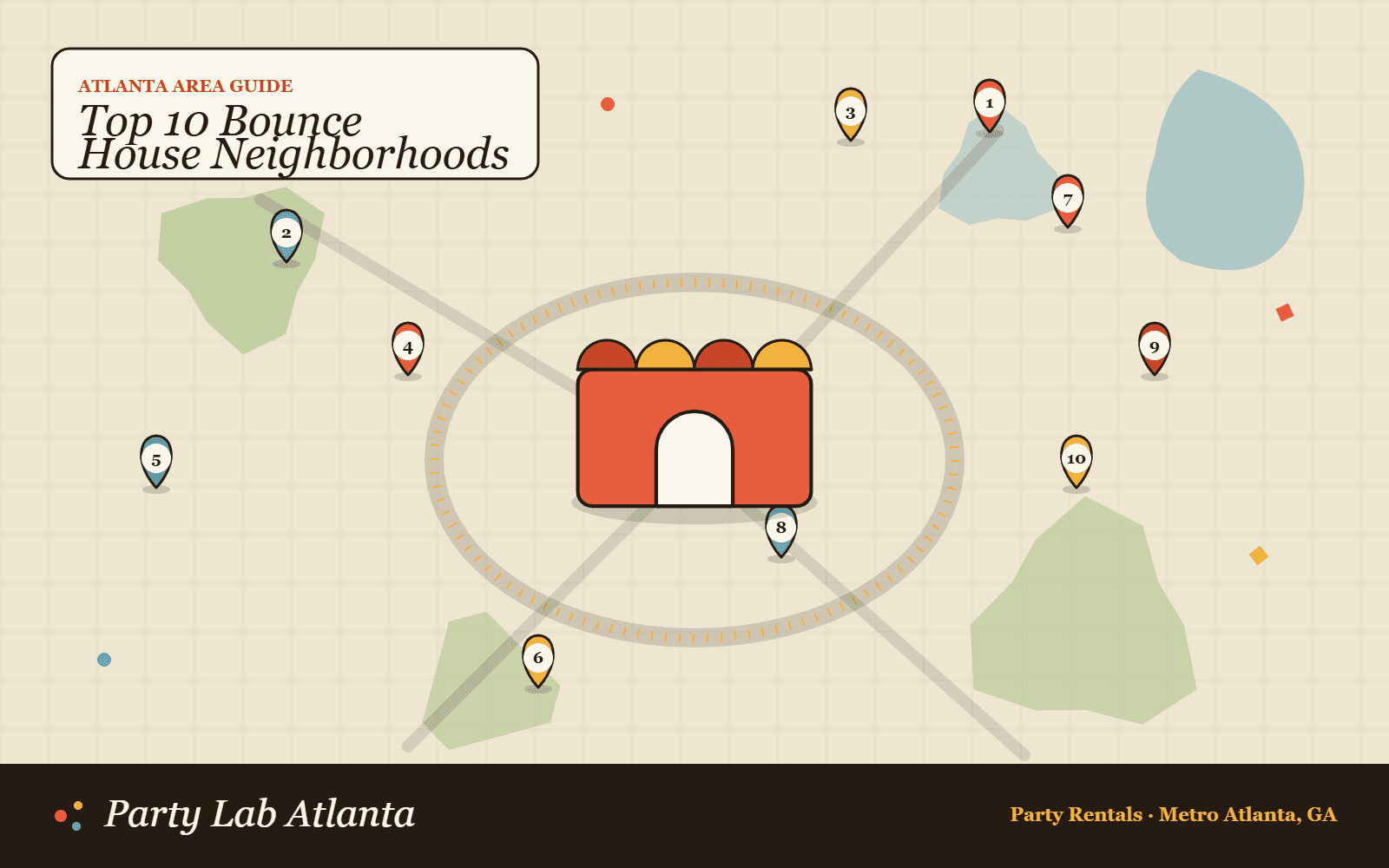 Map of top Atlanta neighborhoods for bounce house party rentals